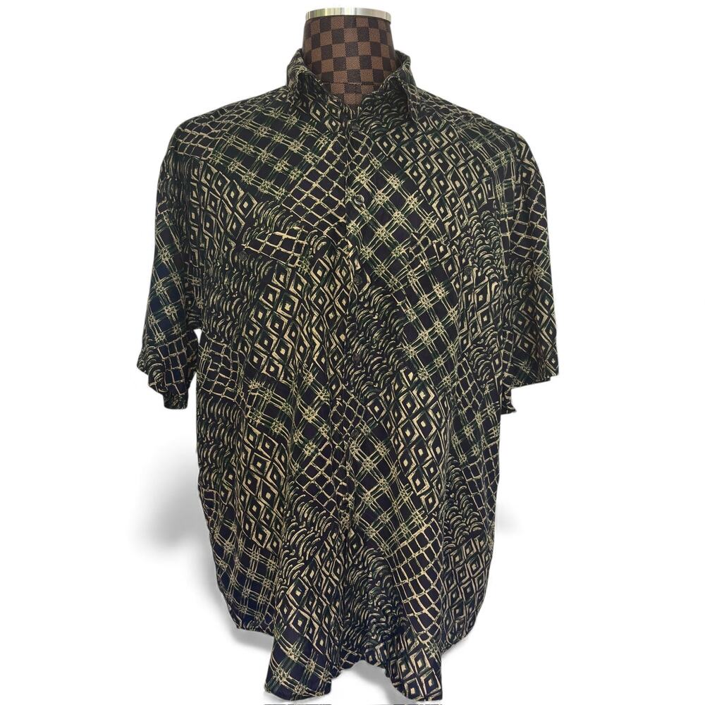 Vtg Impact Mens Silk Shirt Size Large Short Sleeve Abstract Tiki Wearable Art